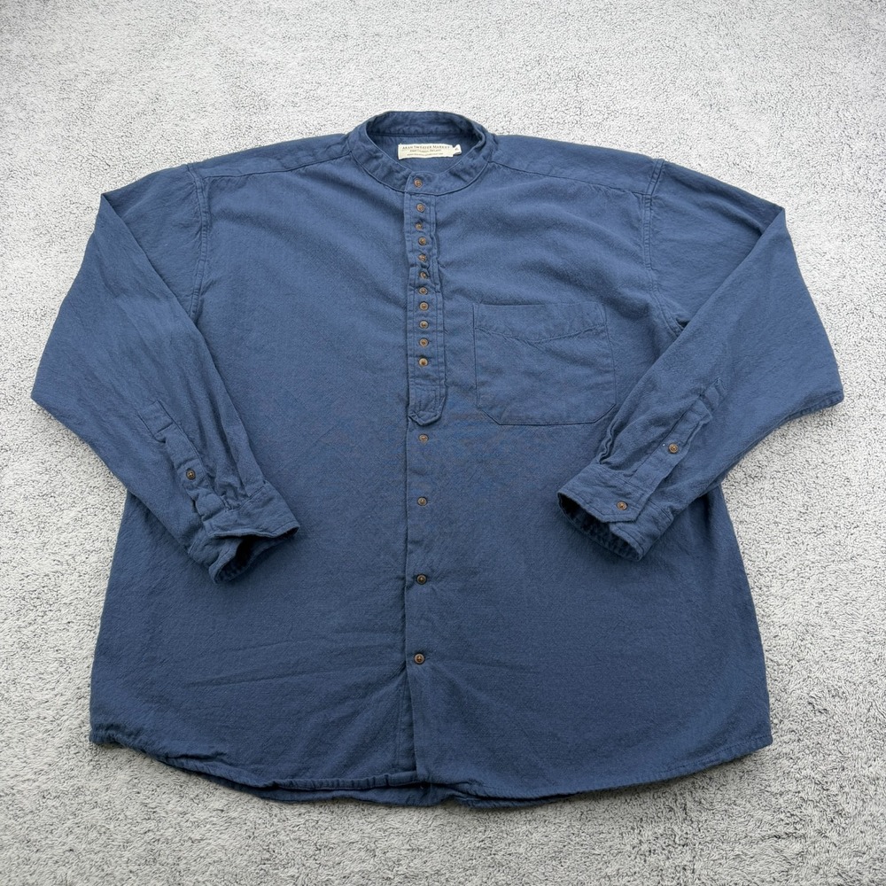 Aran Sweater Market Grandfather Shirt Mens XL Blue Band Collar Pocket Ireland